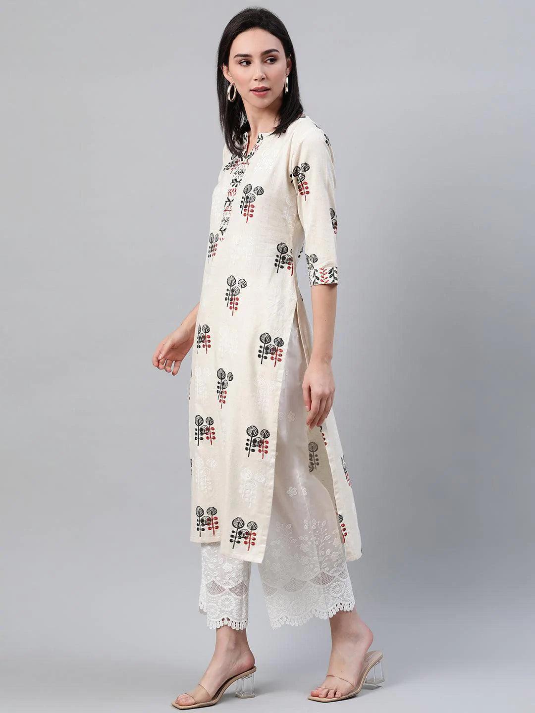 Beige Printed Cotton Kurta