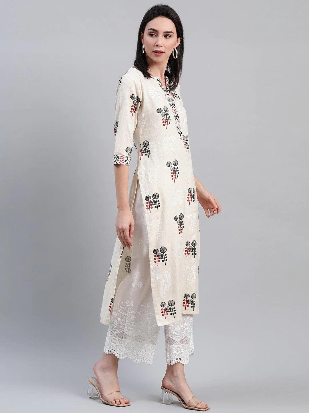 Beige Printed Cotton Kurta