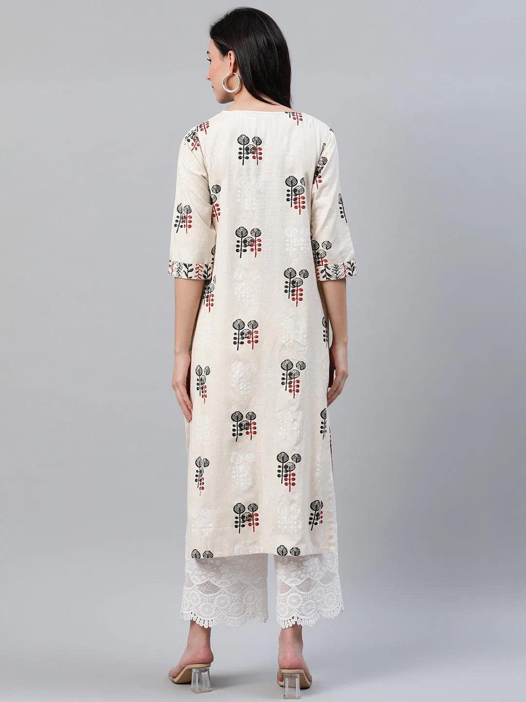 Beige Printed Cotton Kurta