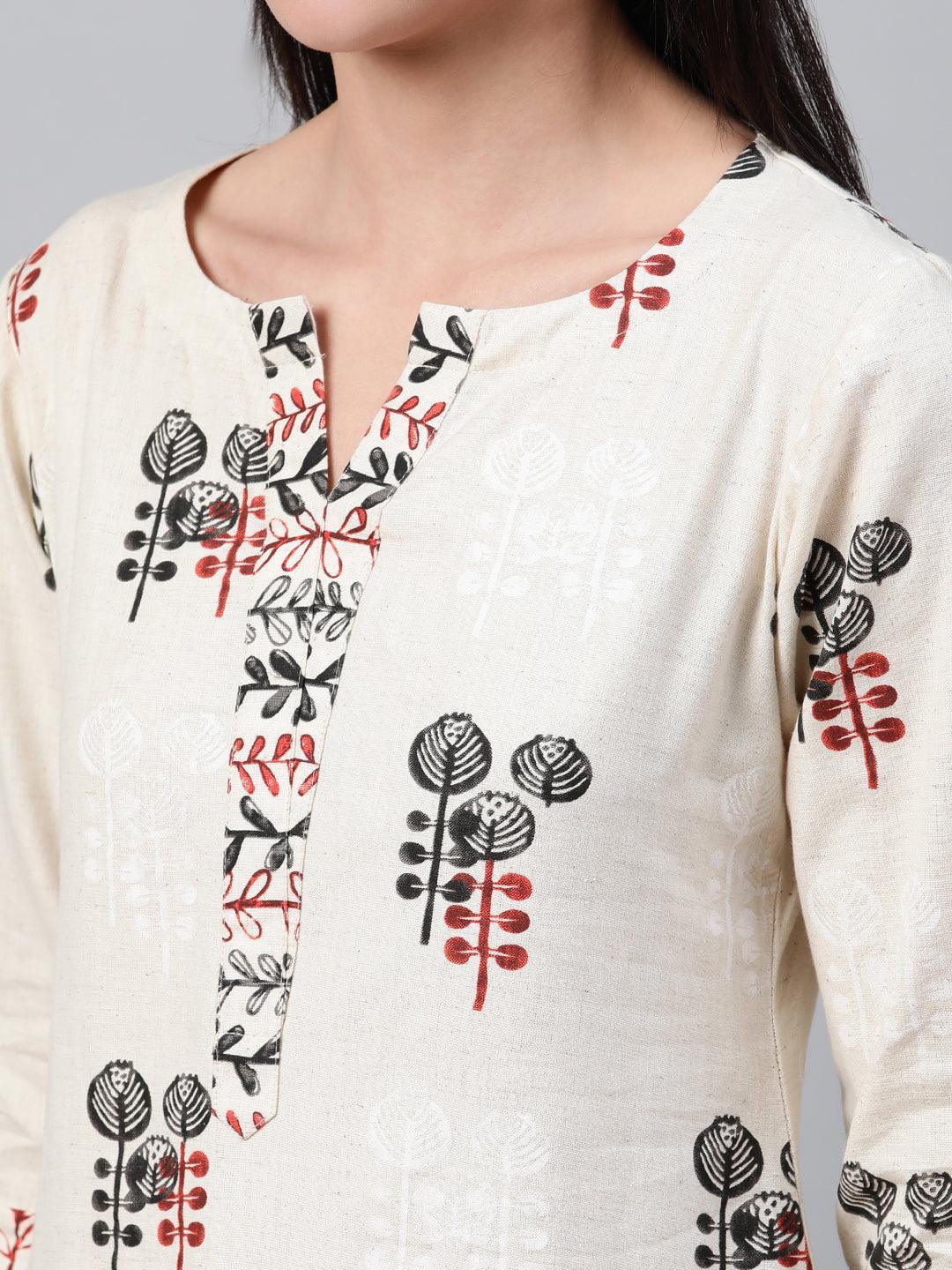 Beige Printed Cotton Kurta