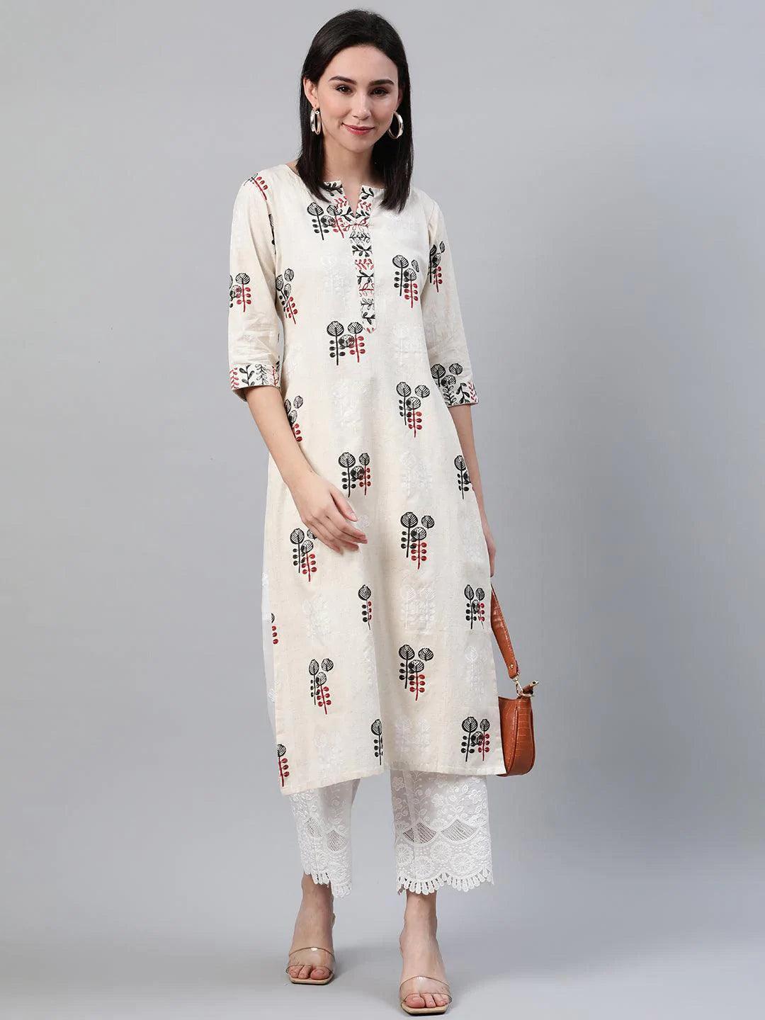 Beige Printed Cotton Kurta