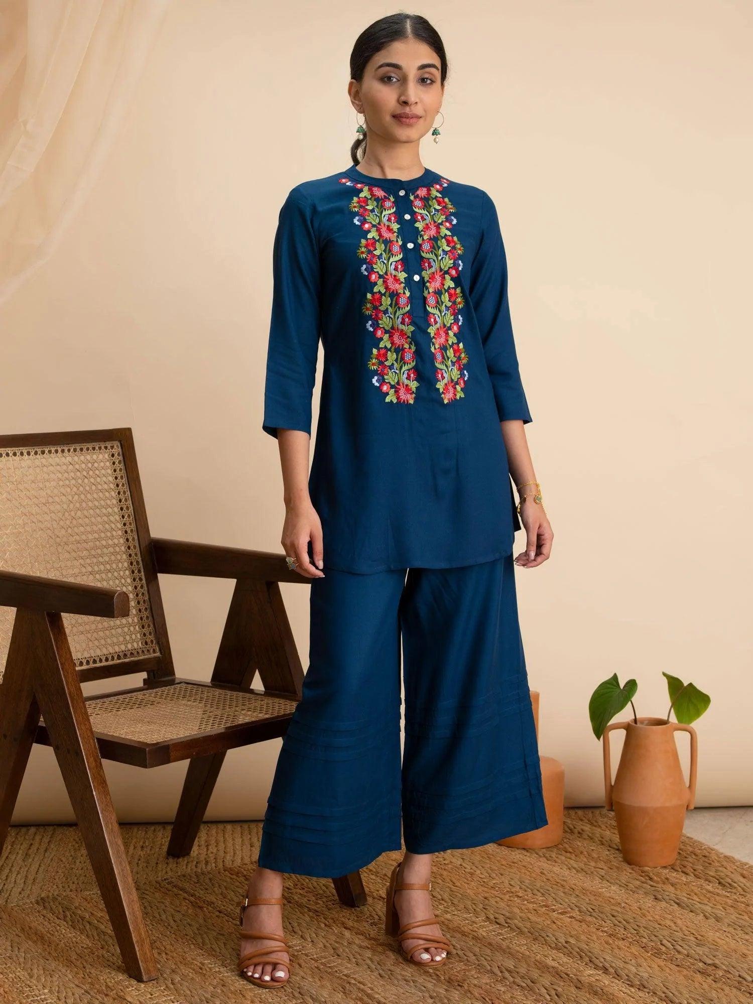 Blue Embroidered Rayon Kurti