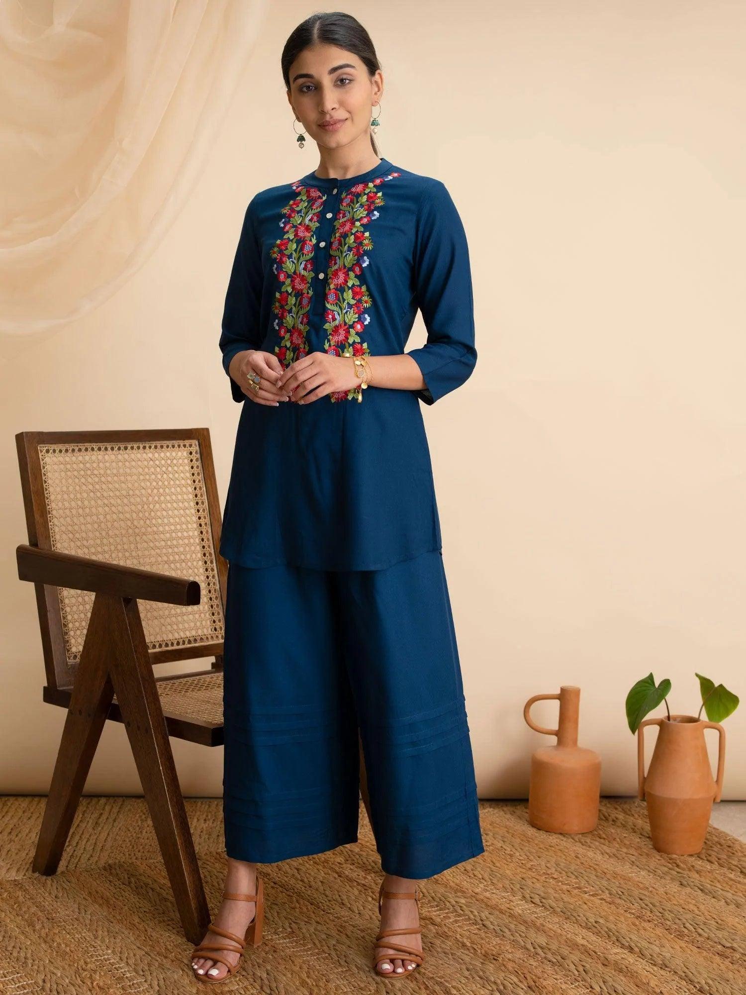 Blue Embroidered Rayon Kurti