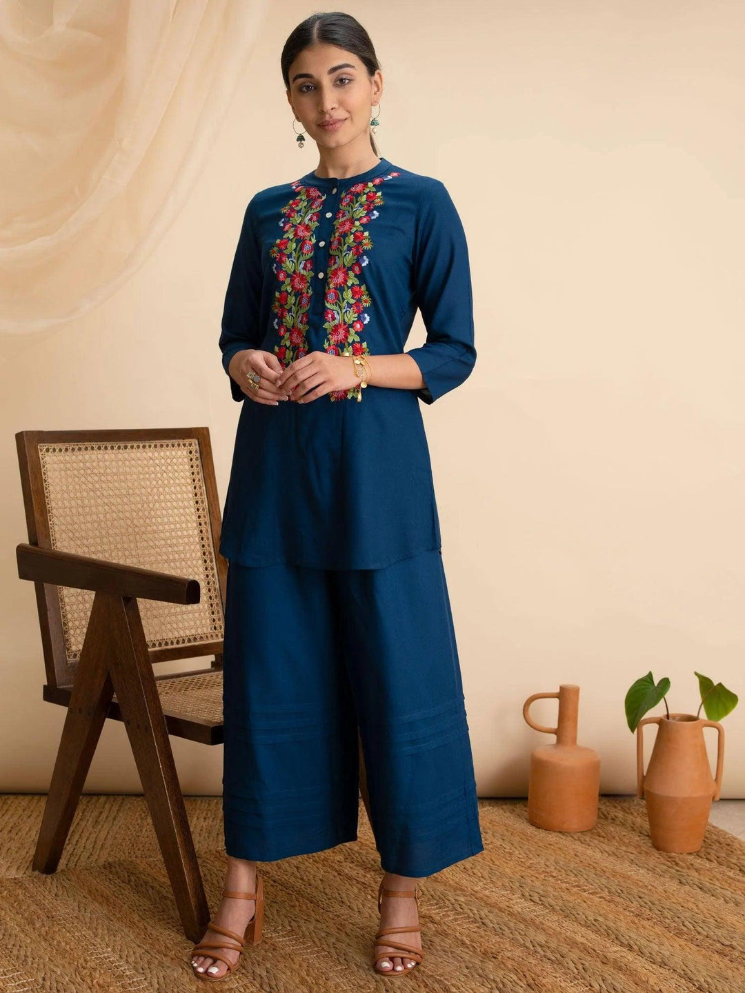 Blue Embroidered Rayon Kurti - ShopLibas