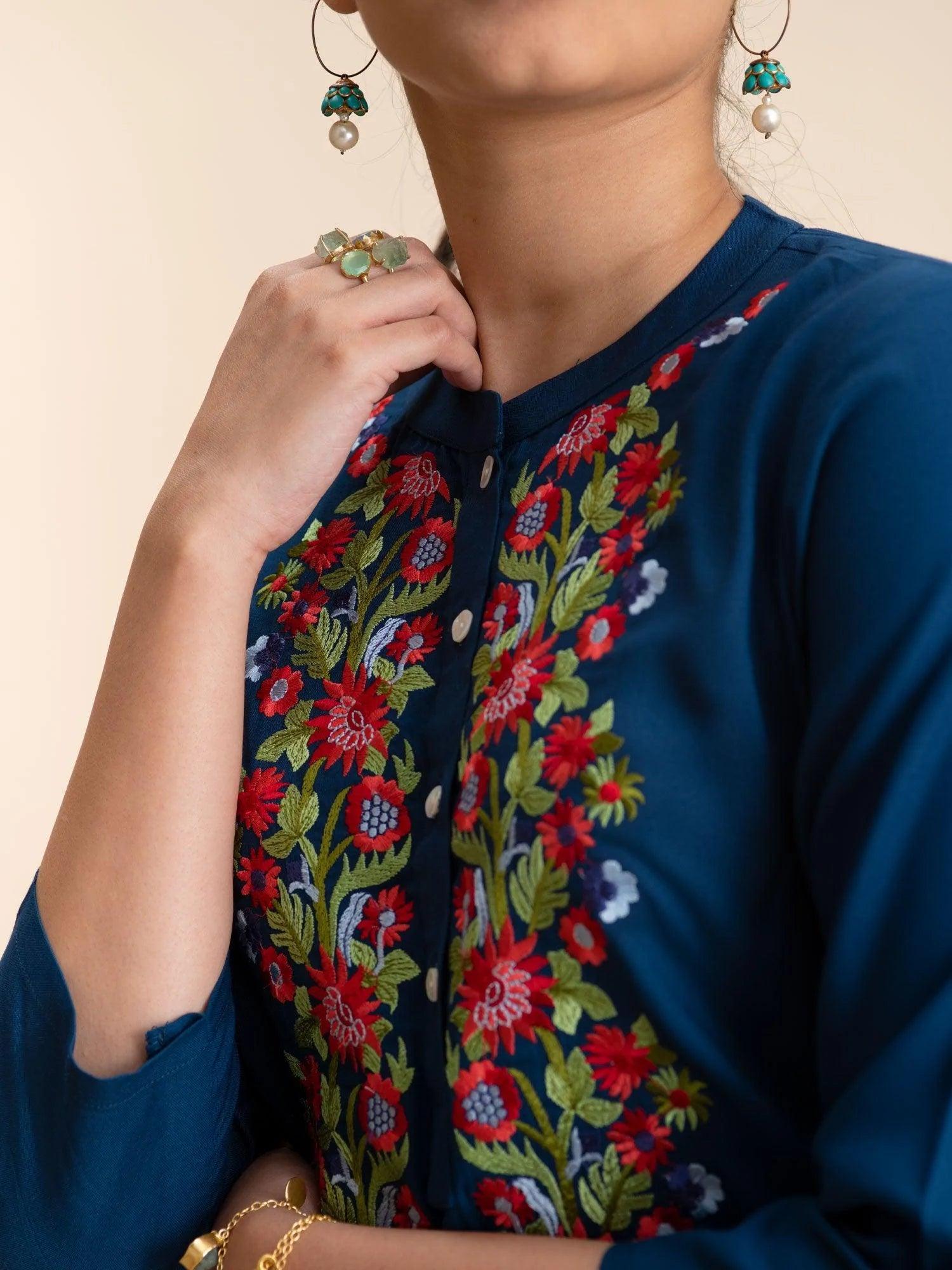 Blue Embroidered Rayon Kurti