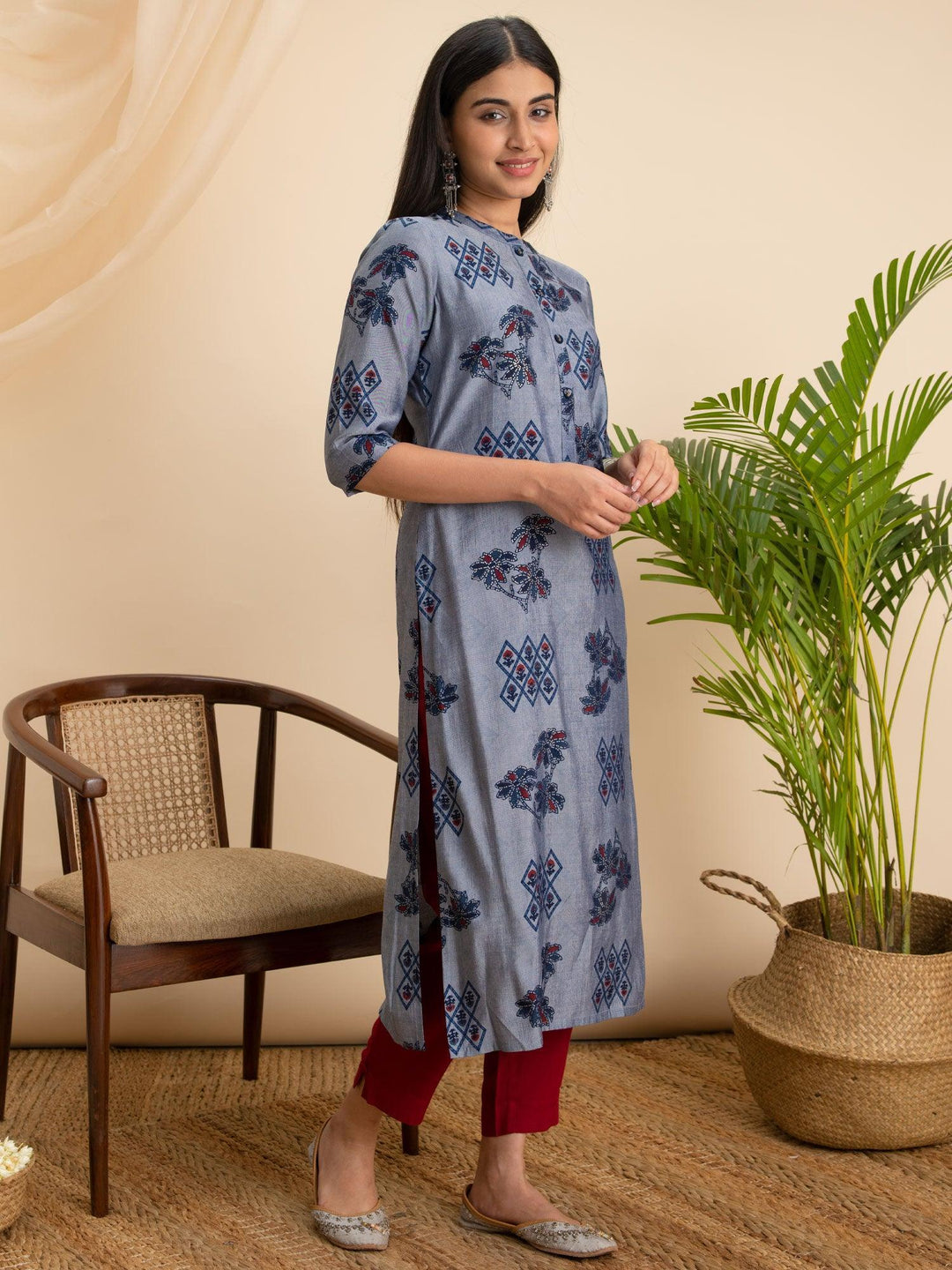 Grey Printed Rayon Kurta - ShopLibas