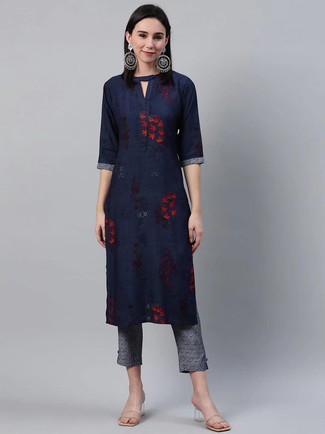 Blue Printed Rayon Kurta