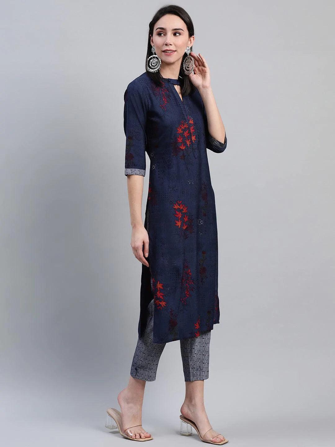 Blue Printed Rayon Kurta