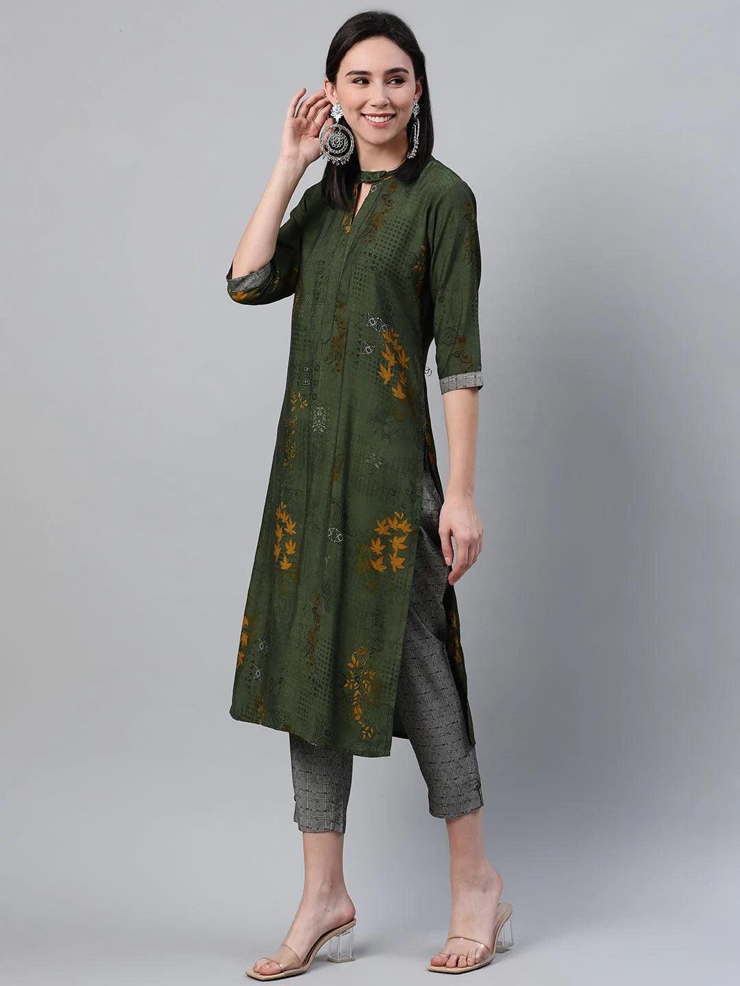 Green Printed Rayon Kurta - ShopLibas