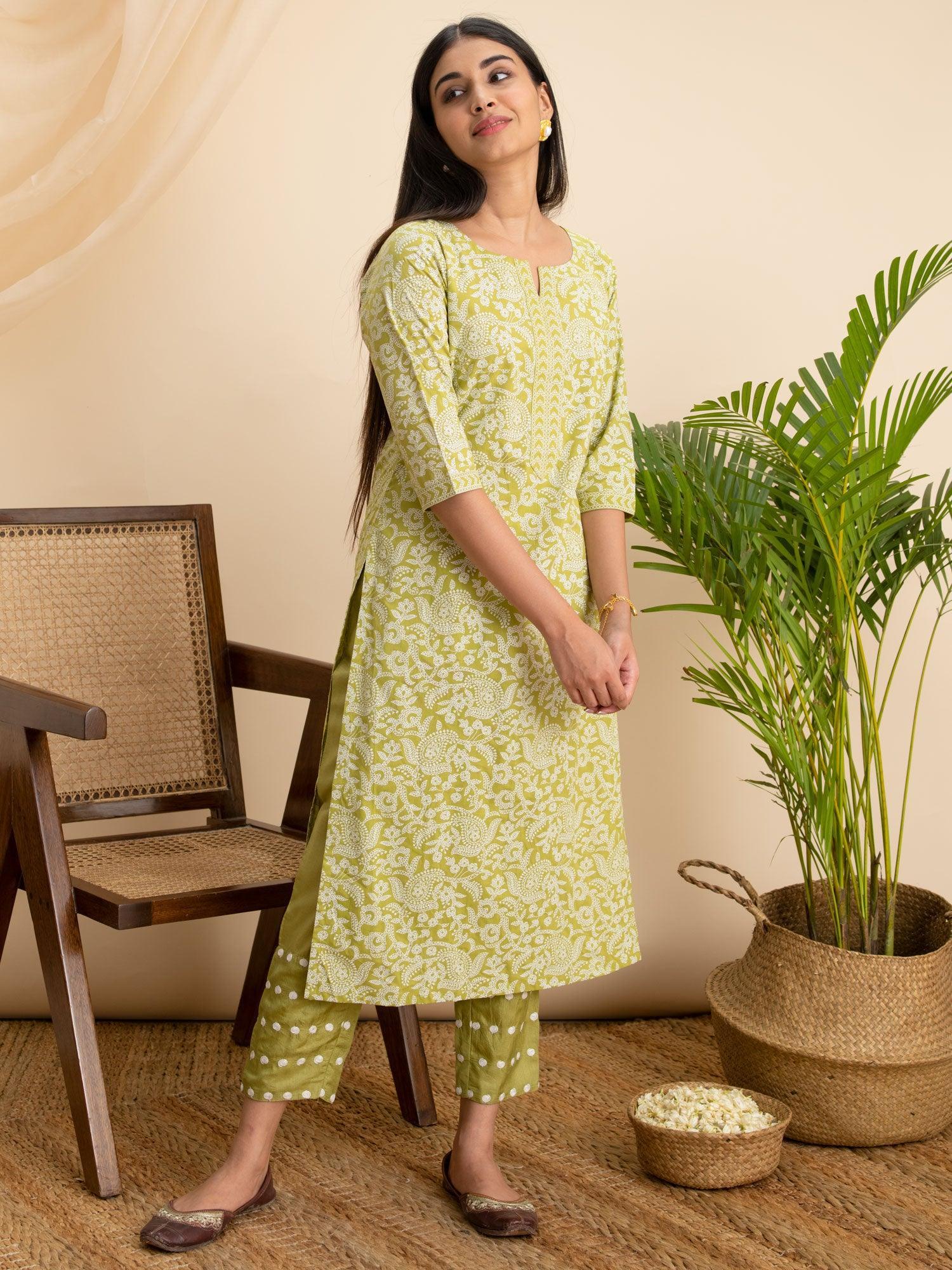 Green Printed Cotton Kurta