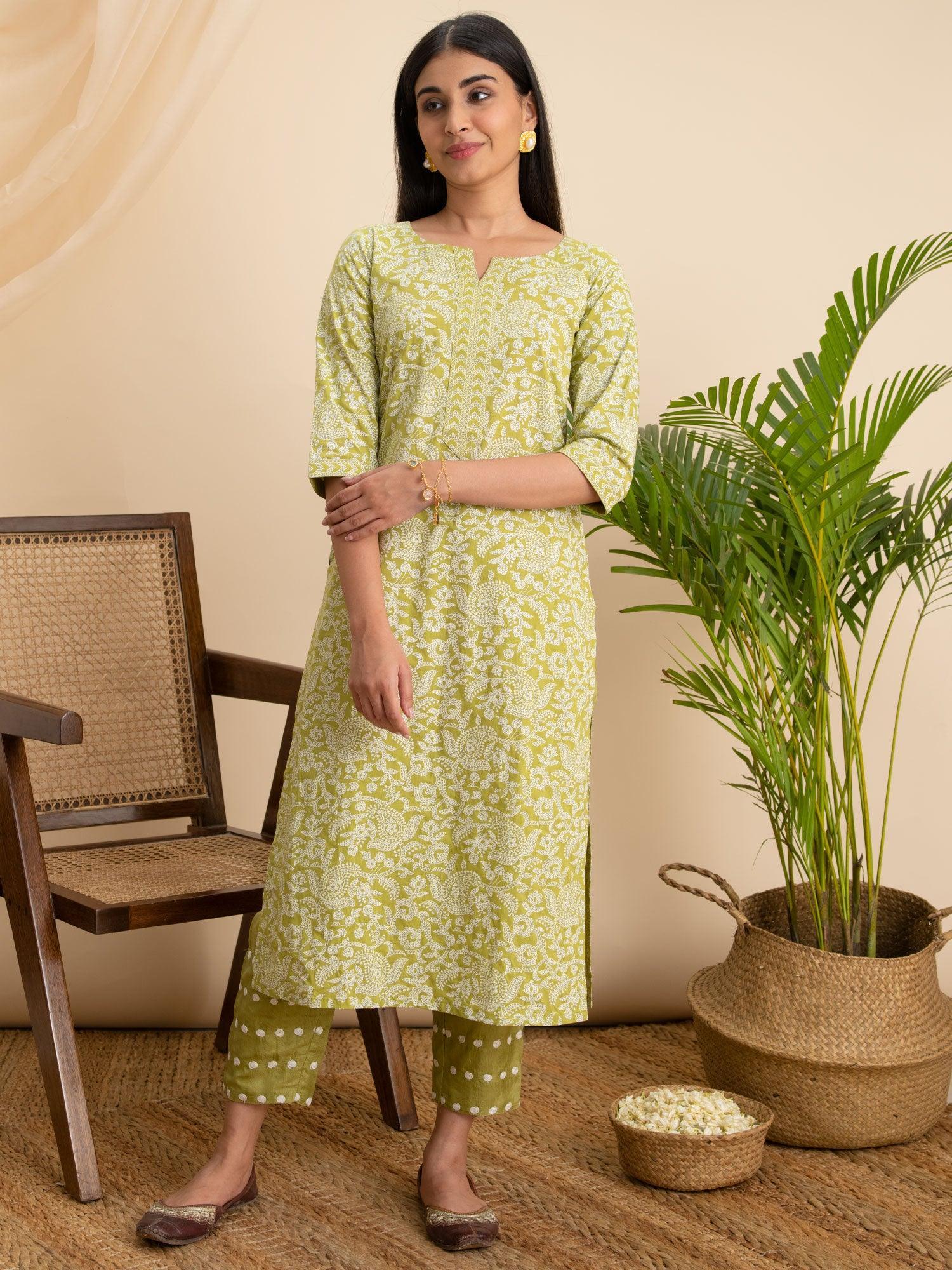 Green Printed Cotton Kurta