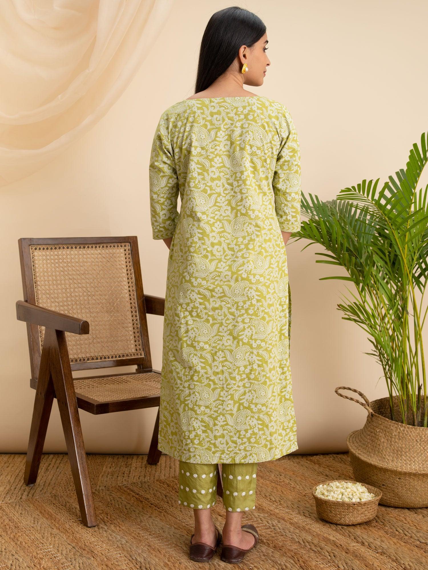 Green Printed Cotton Kurta