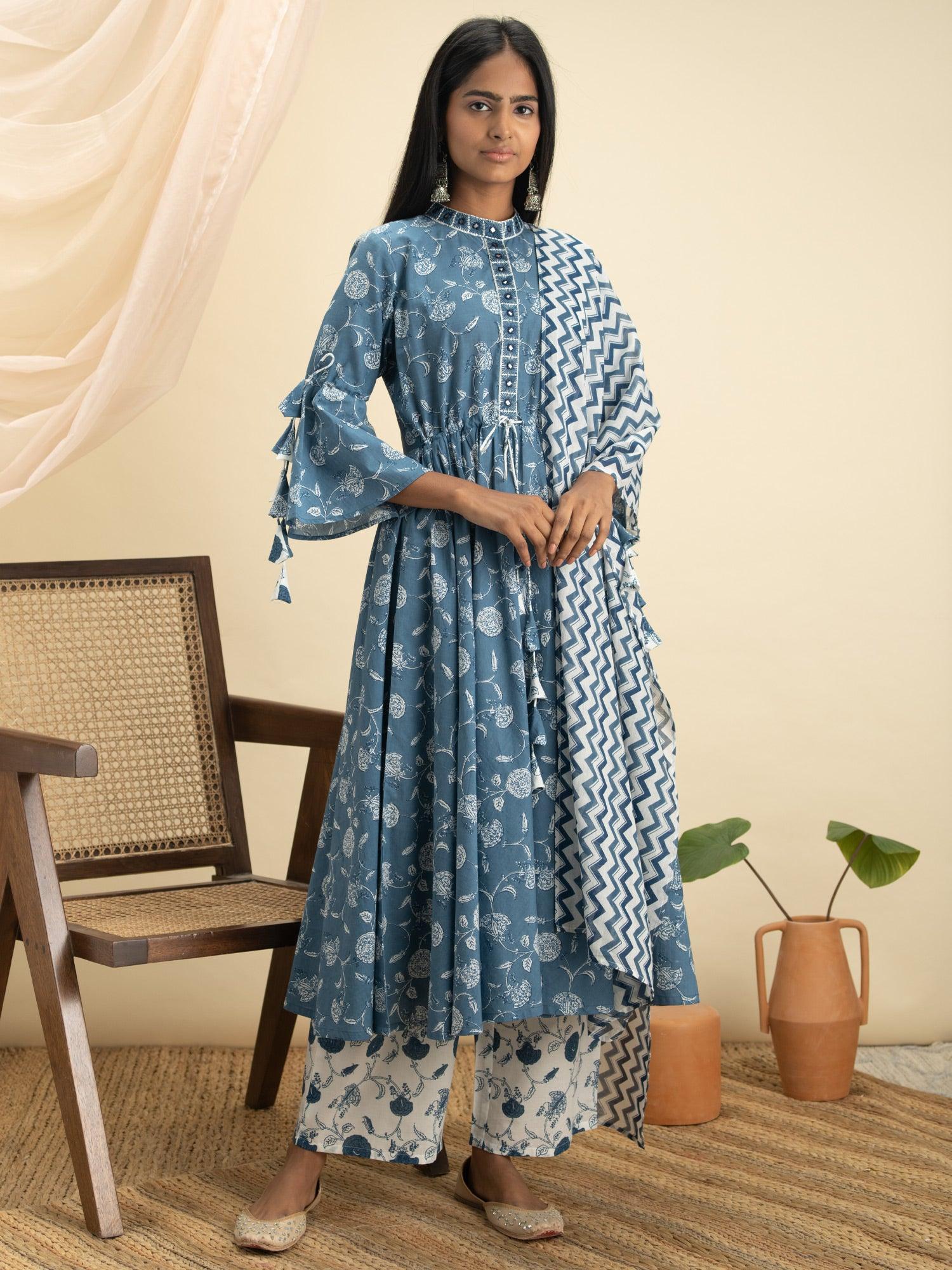 Blue Printed Cotton Suit Set