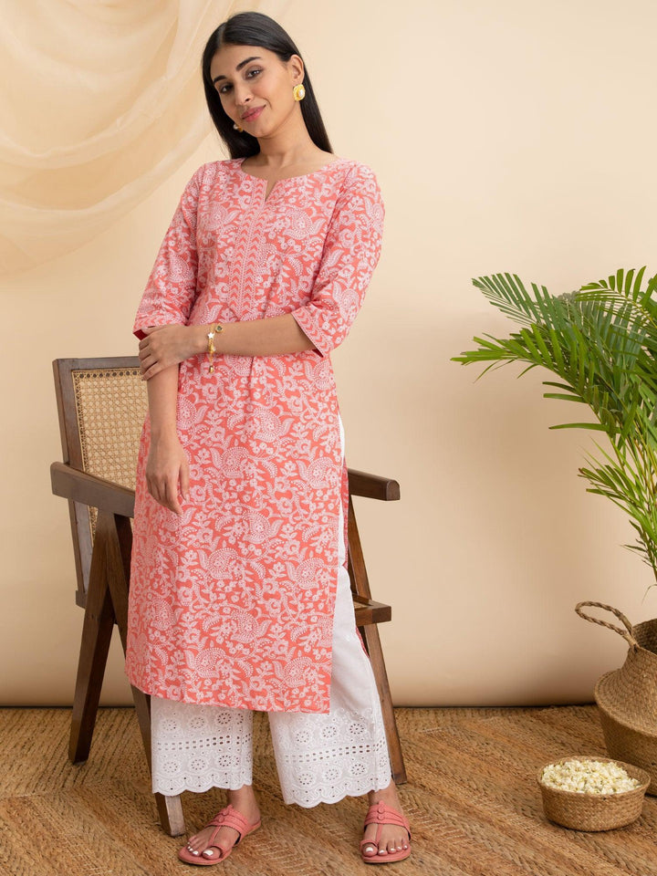 Pink Printed Cotton Kurta - ShopLibas