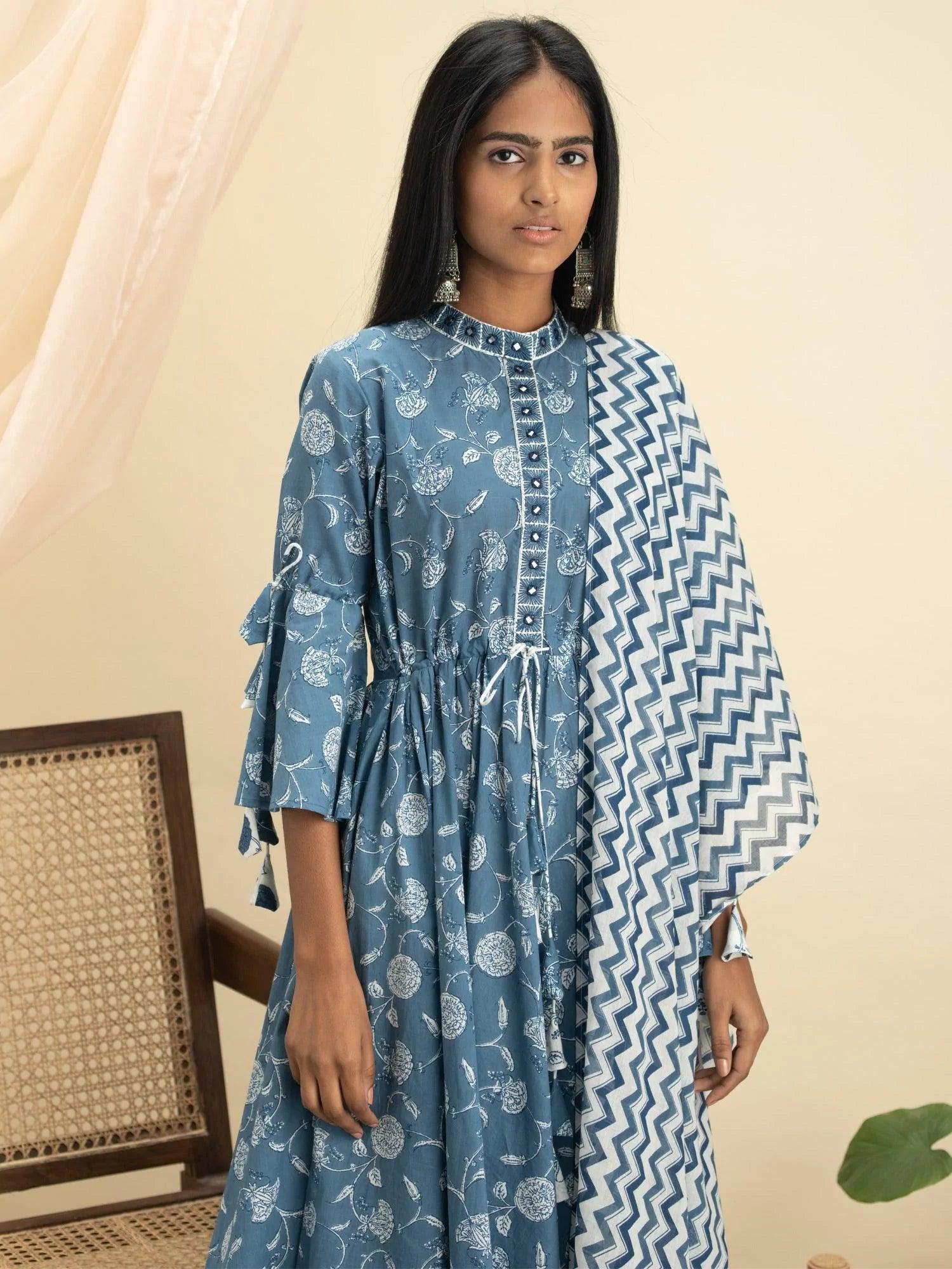 Blue Printed Cotton Suit Set