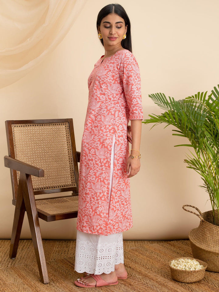 Pink Printed Cotton Kurta - ShopLibas