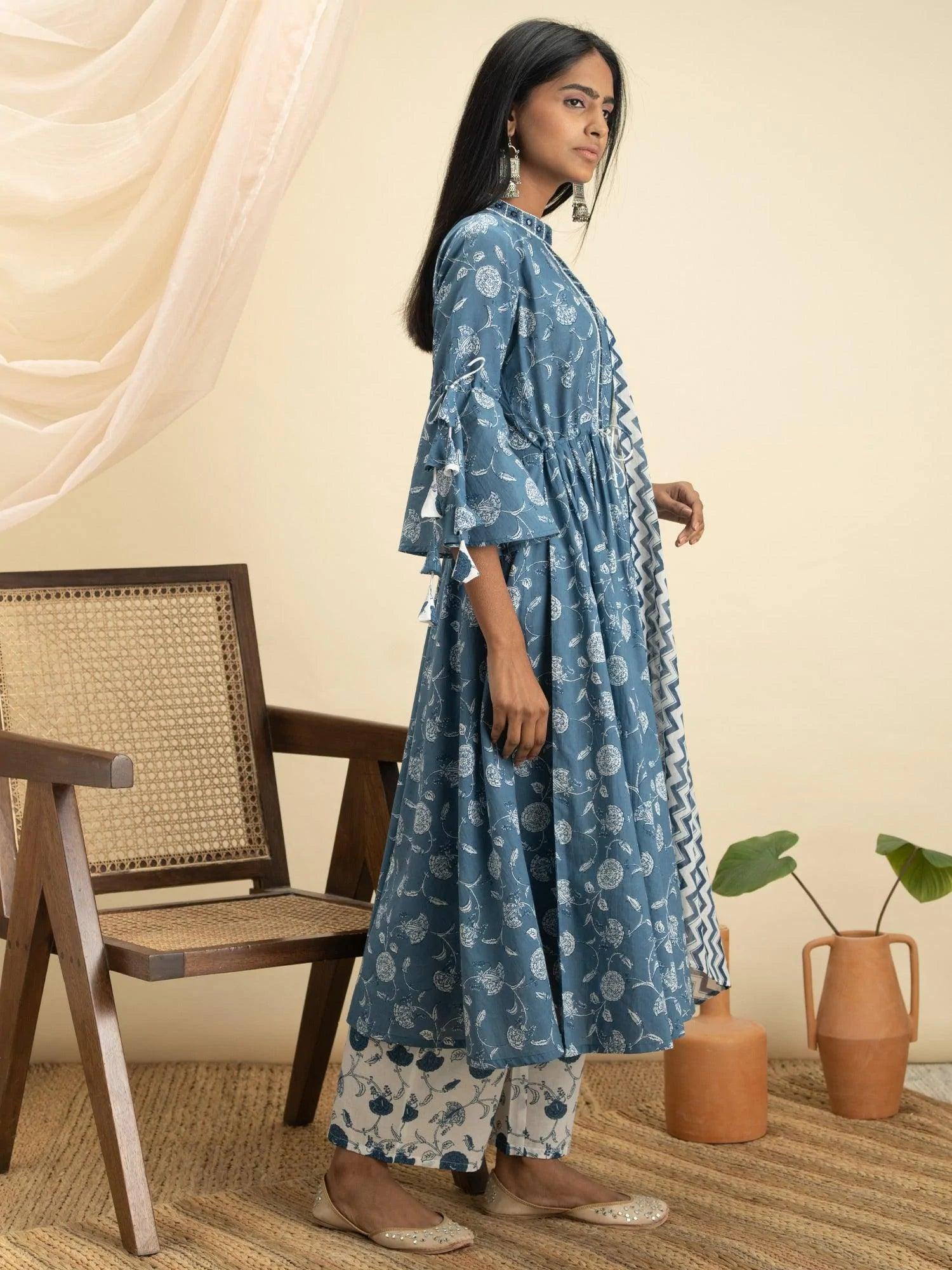 Blue Printed Cotton Suit Set