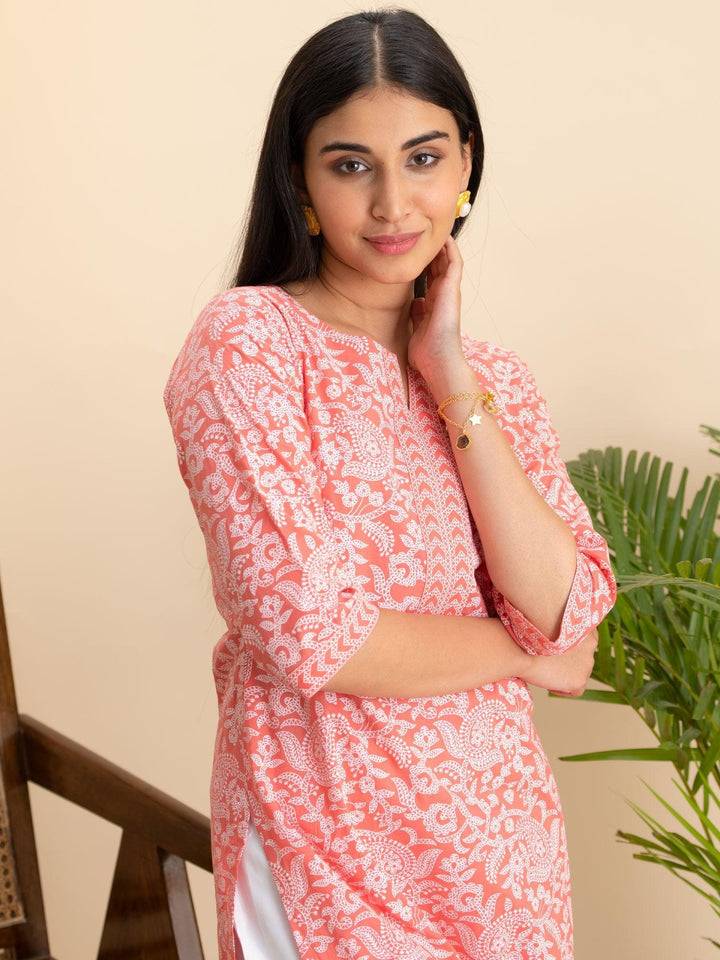 Pink Printed Cotton Kurta - ShopLibas