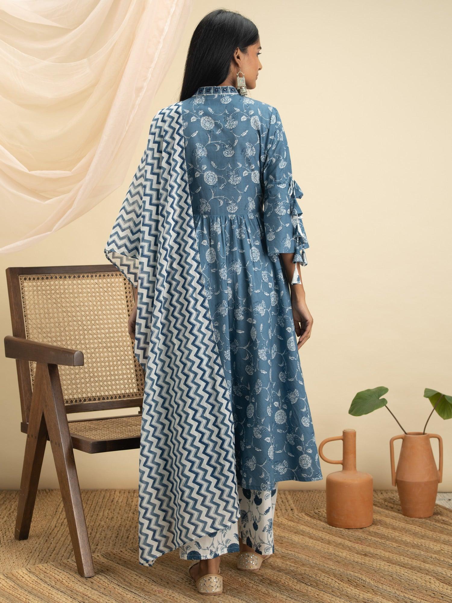 Blue Printed Cotton Suit Set