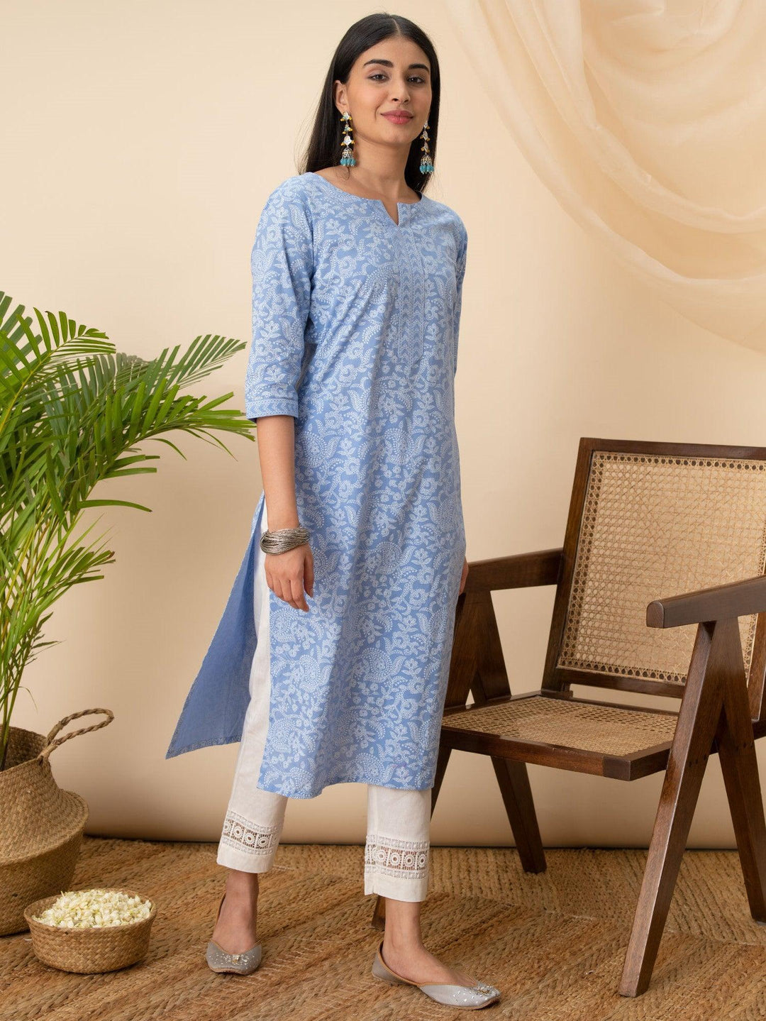 Blue Printed Cotton Kurta - ShopLibas