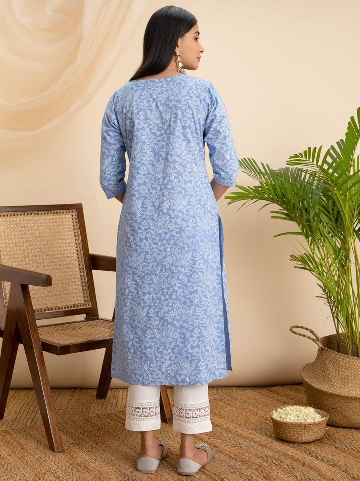 Blue Printed Cotton Kurta - ShopLibas