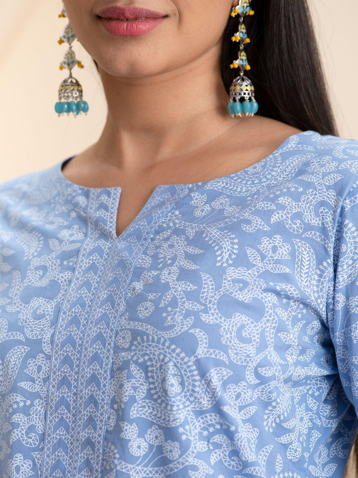 Blue Printed Cotton Kurta - ShopLibas