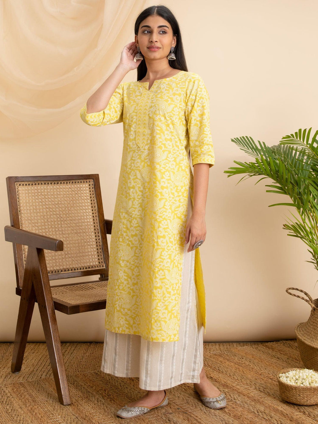 Yellow Printed Cotton Kurta - ShopLibas