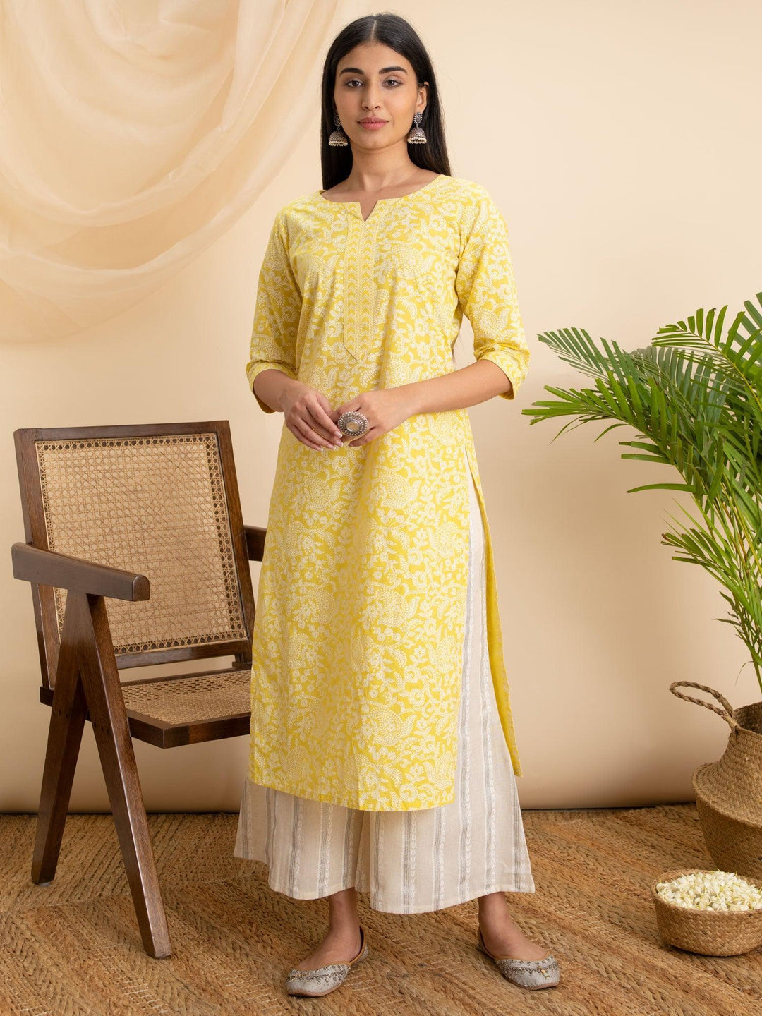 Yellow Printed Cotton Kurta - ShopLibas