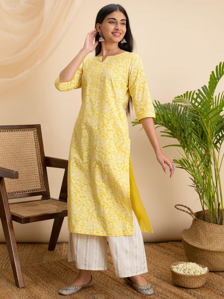 Yellow Printed Cotton Kurta - ShopLibas