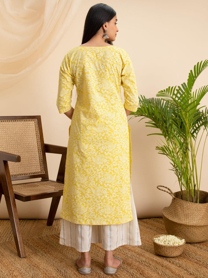 Yellow Printed Cotton Kurta - ShopLibas