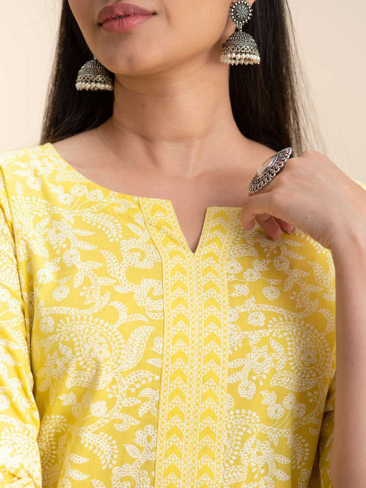 Yellow Printed Cotton Kurta - ShopLibas