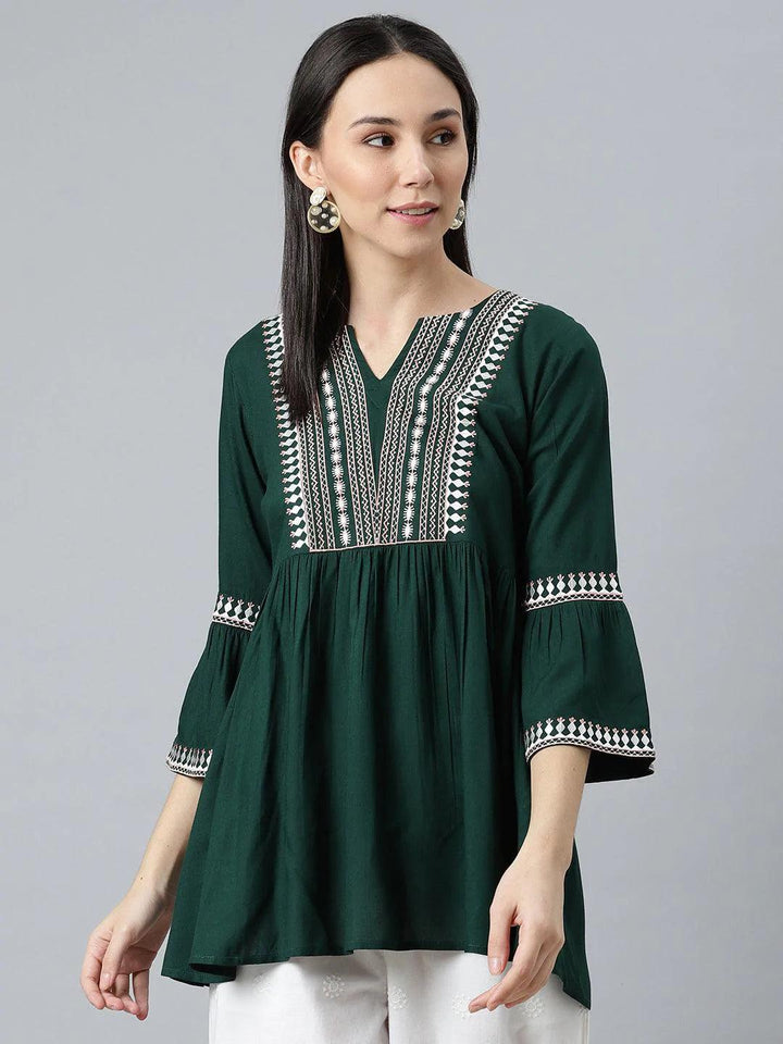 Green Embroidered Rayon Kurti - ShopLibas