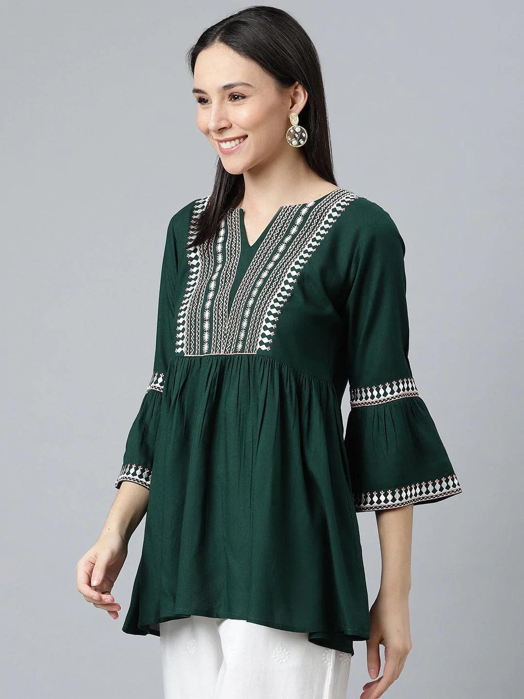 Green Embroidered Rayon Kurti - ShopLibas