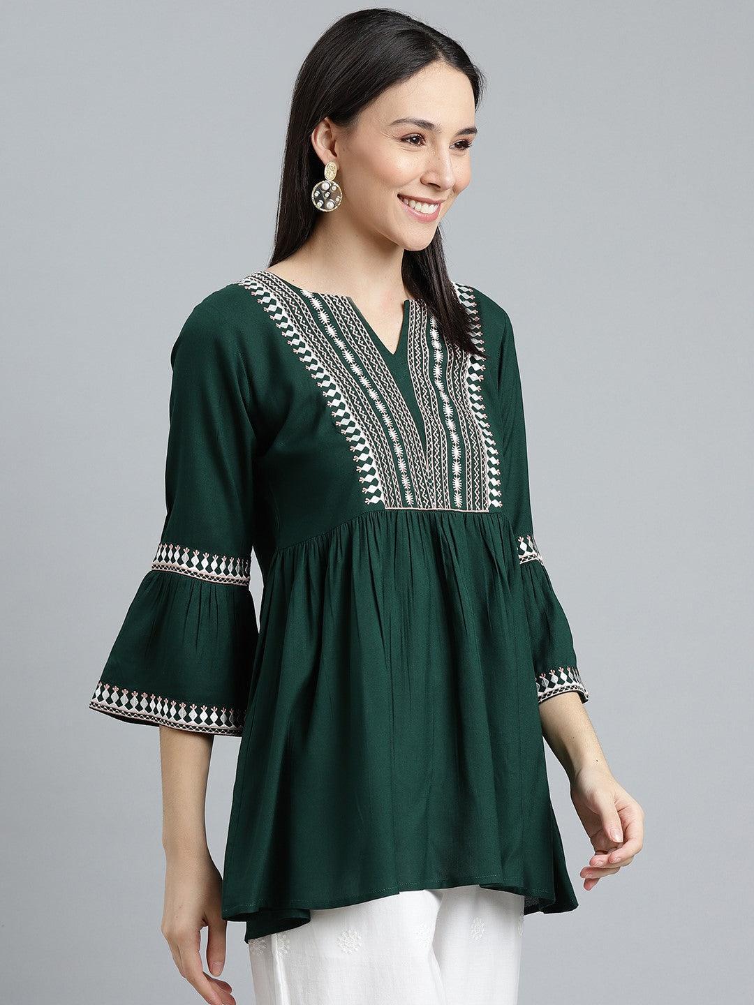 Green Embroidered Rayon Kurti - ShopLibas