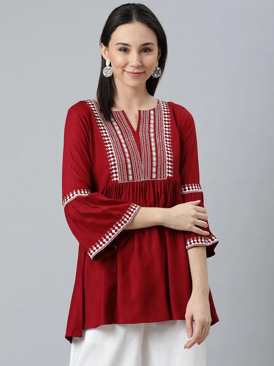 Maroon Embroidered Rayon Kurti