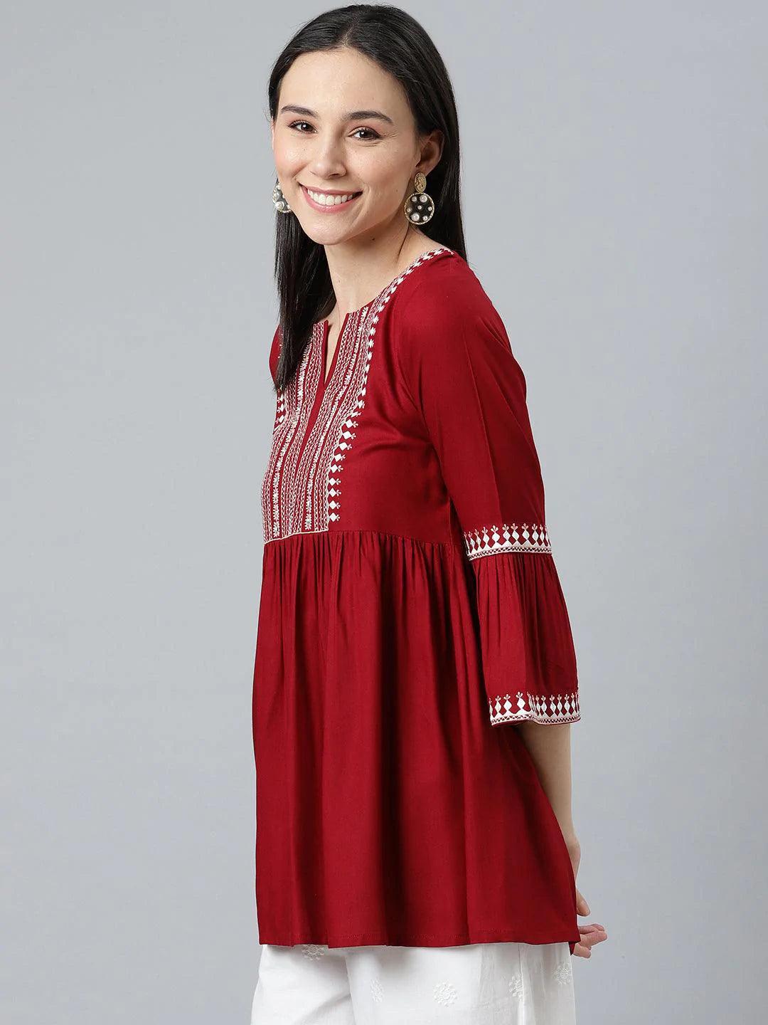 Maroon Embroidered Rayon Kurti