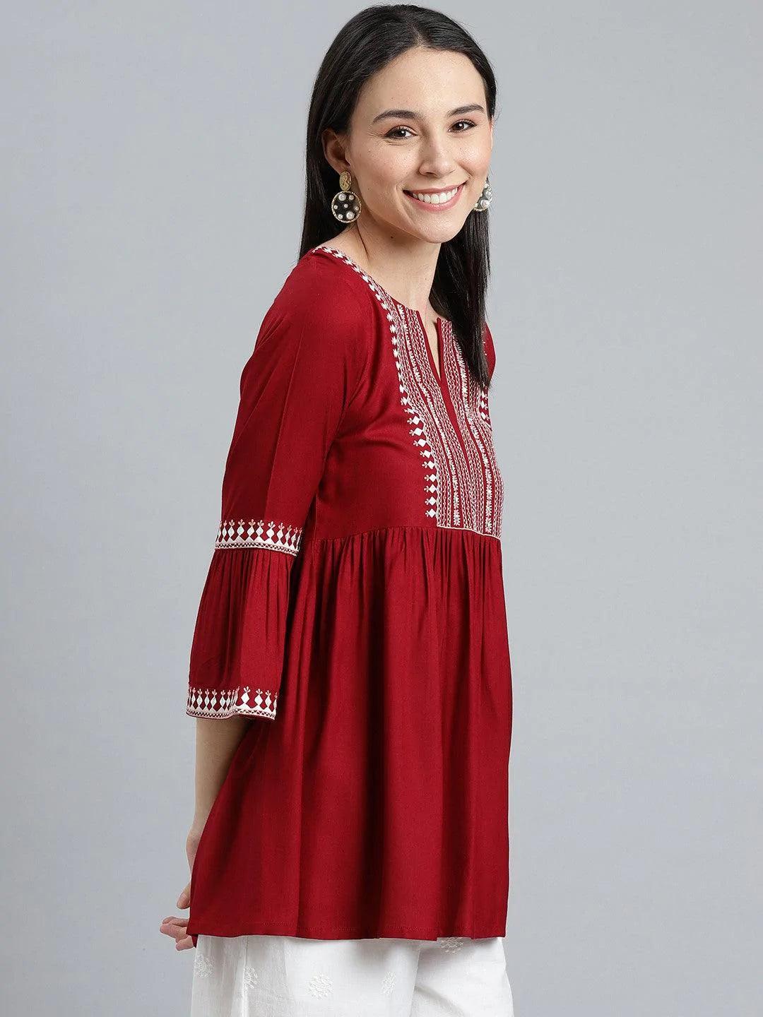 Maroon Embroidered Rayon Kurti