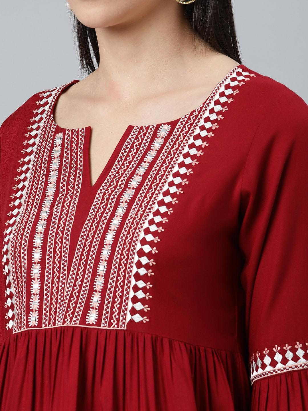 Maroon Embroidered Rayon Kurti