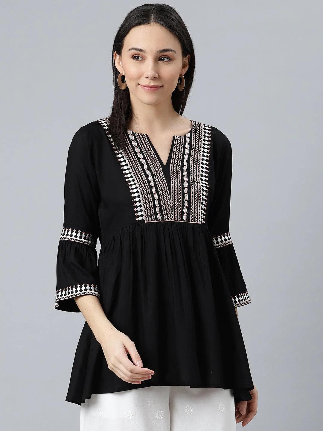 Black Embroidered Rayon Kurti