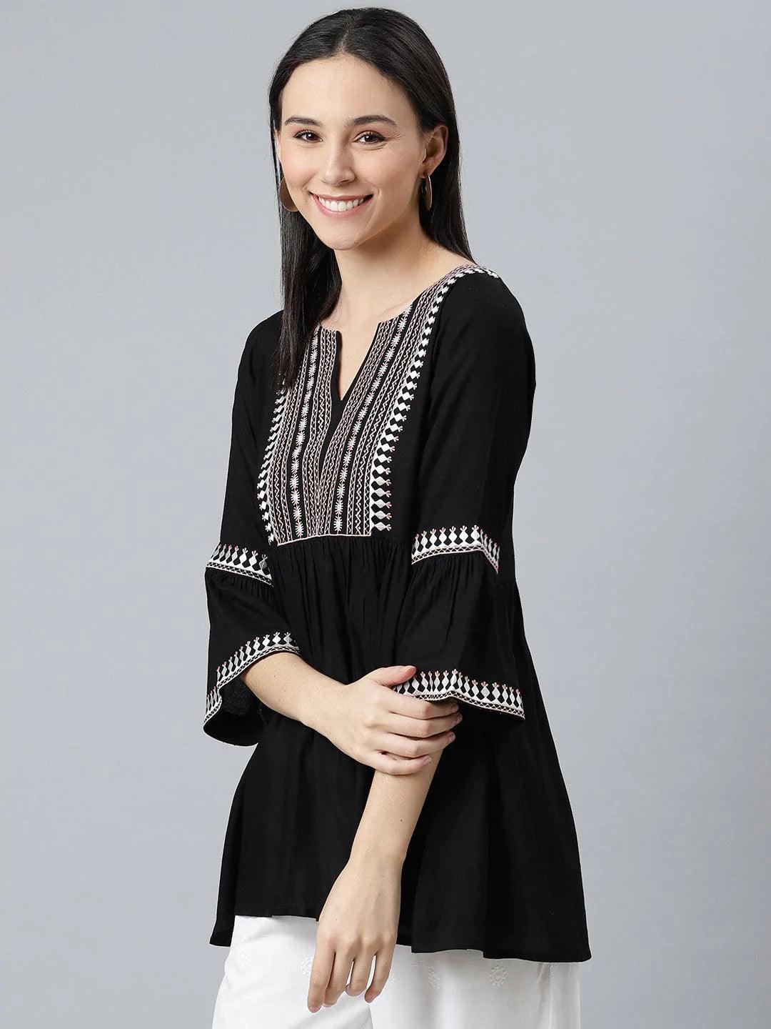 Black Embroidered Rayon Kurti