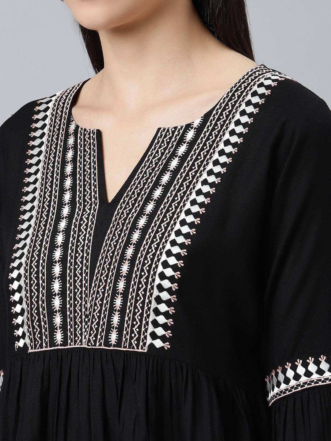 Black Embroidered Rayon Kurti