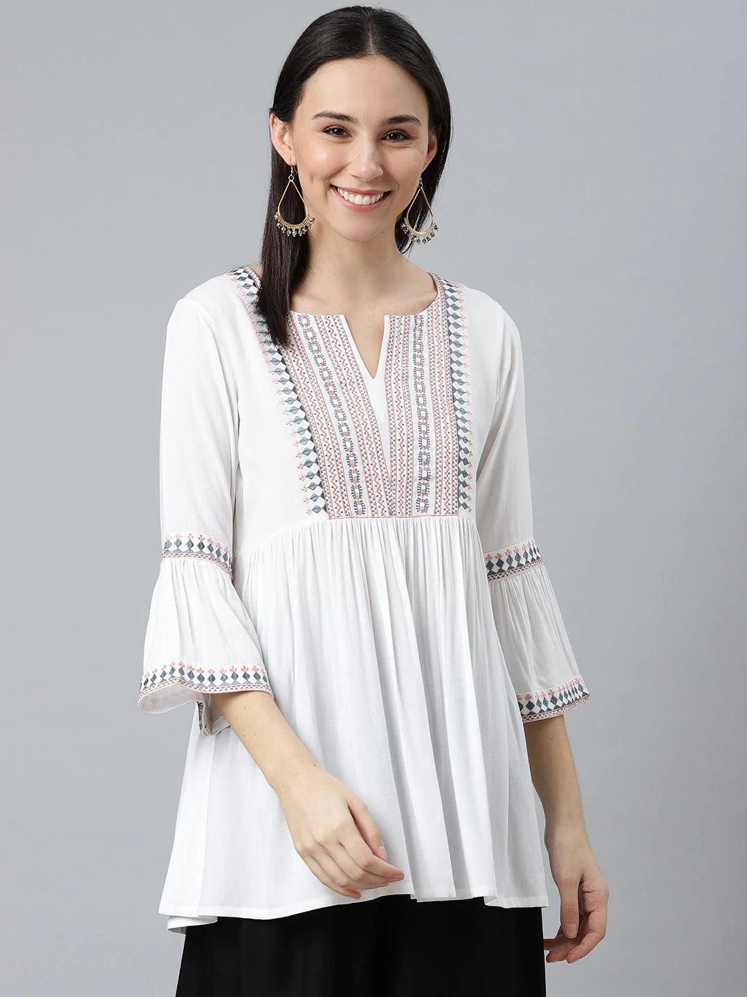 White Embroidered Rayon Kurti - ShopLibas