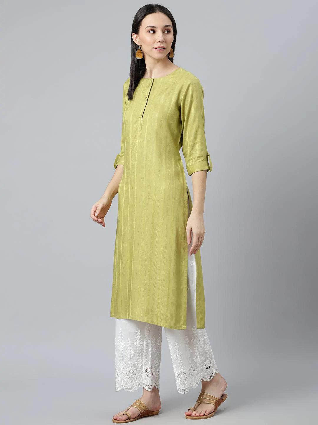 Green Striped Rayon Kurta - ShopLibas