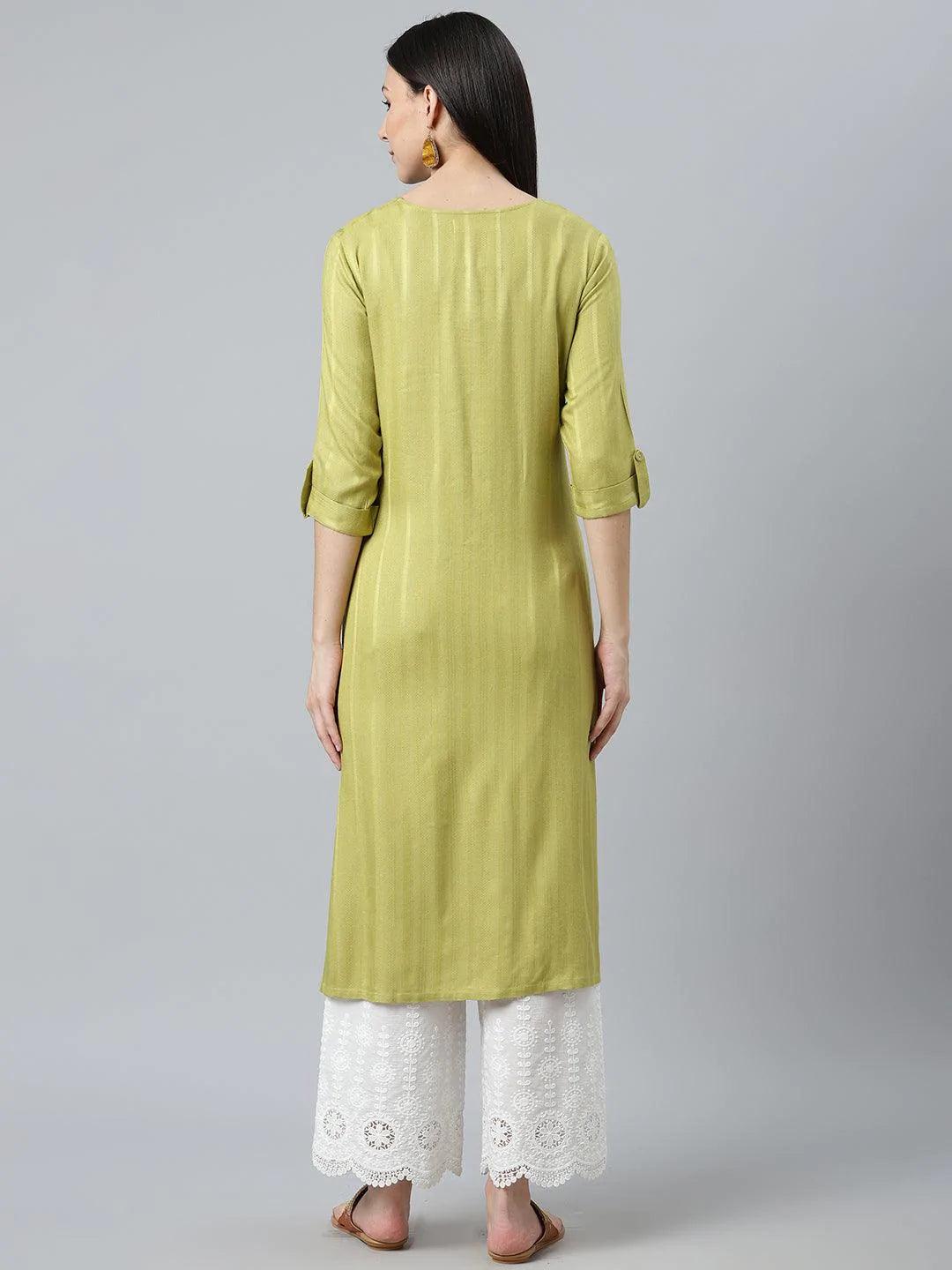 Green Striped Rayon Kurta - ShopLibas