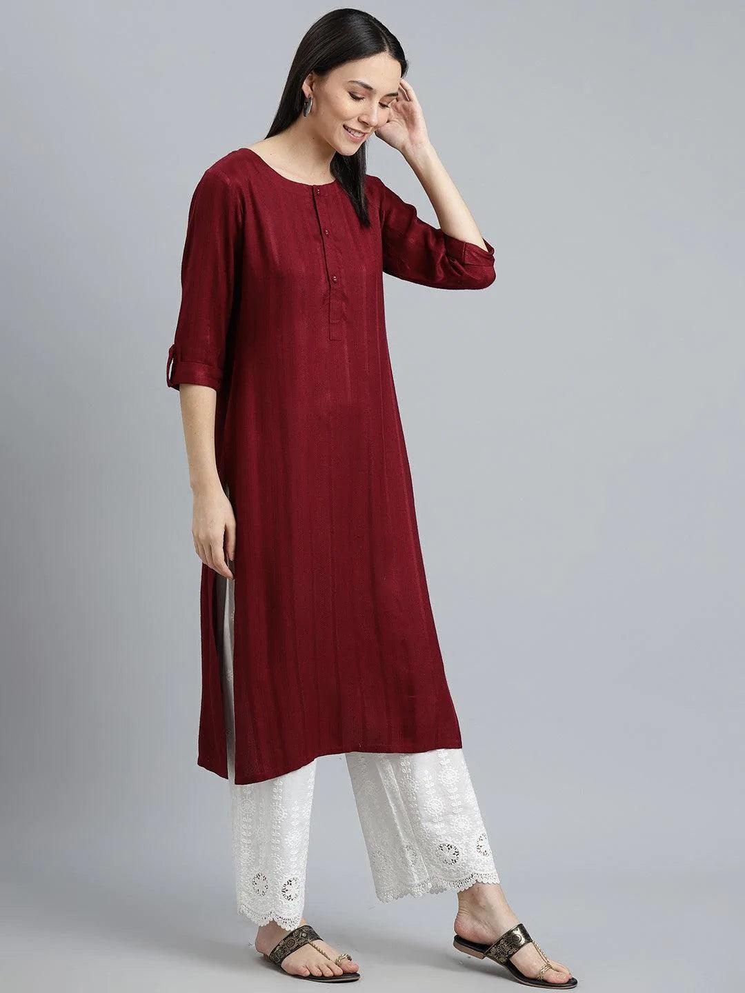 Maroon Striped Rayon Kurta - ShopLibas