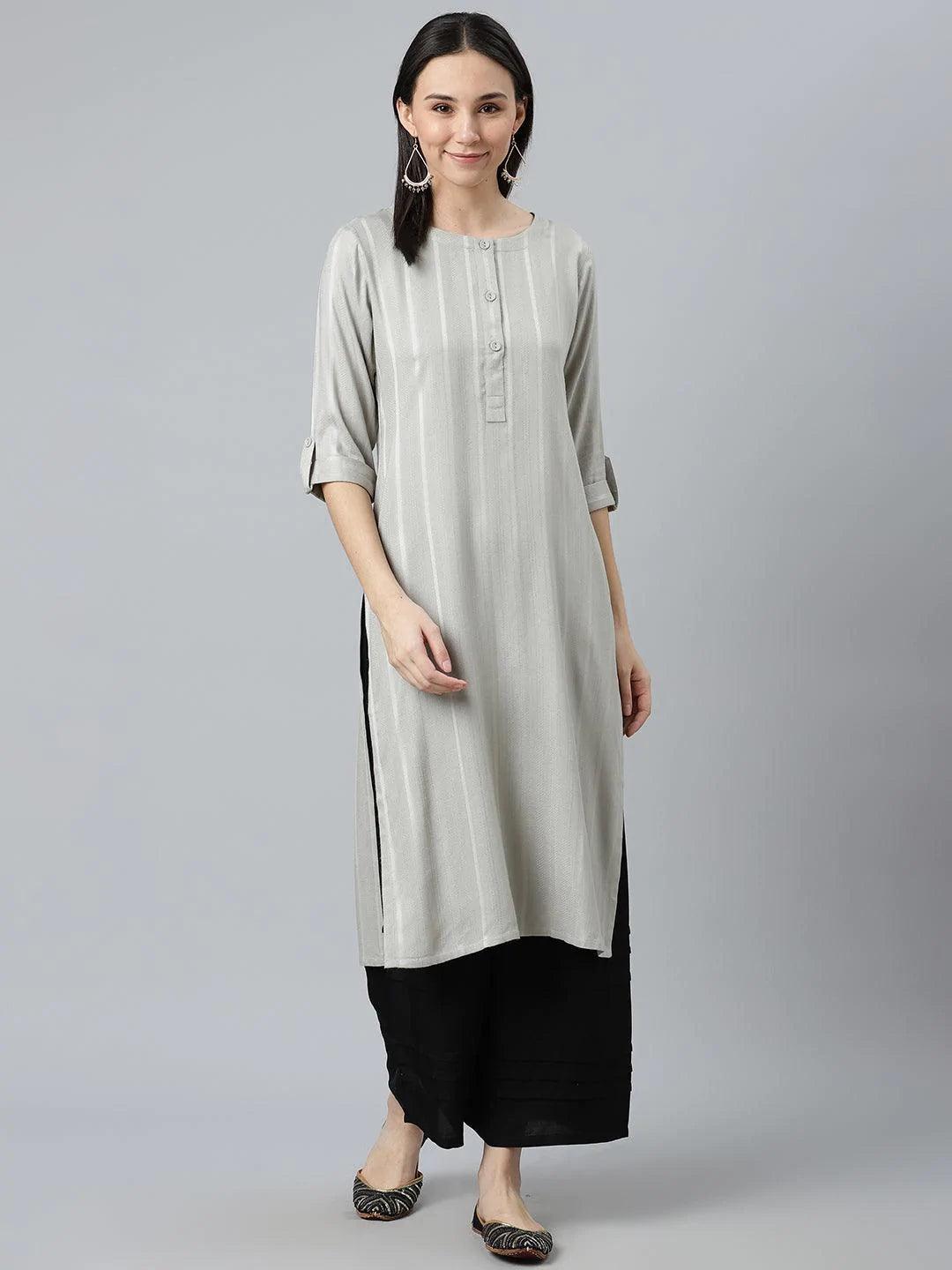 Grey Striped Rayon Kurta - ShopLibas