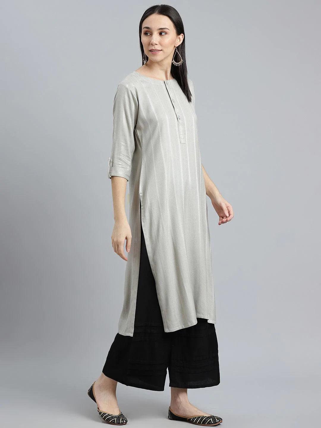 Grey Striped Rayon Kurta - ShopLibas