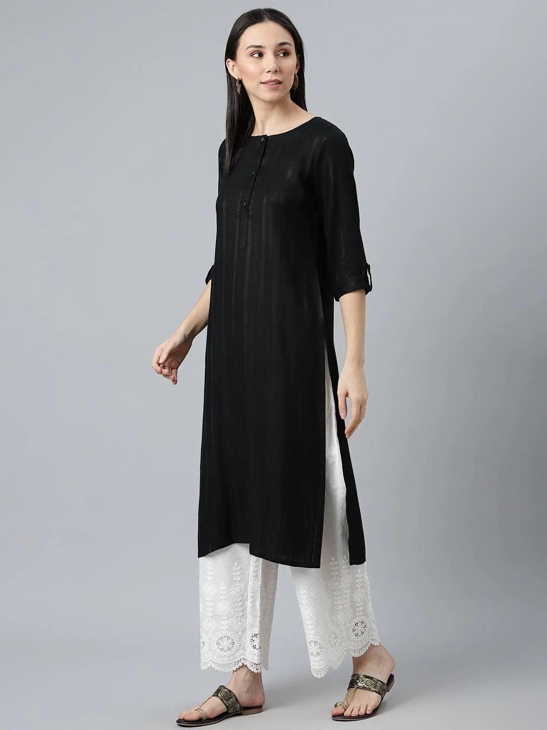 Black Striped Rayon Kurta - ShopLibas