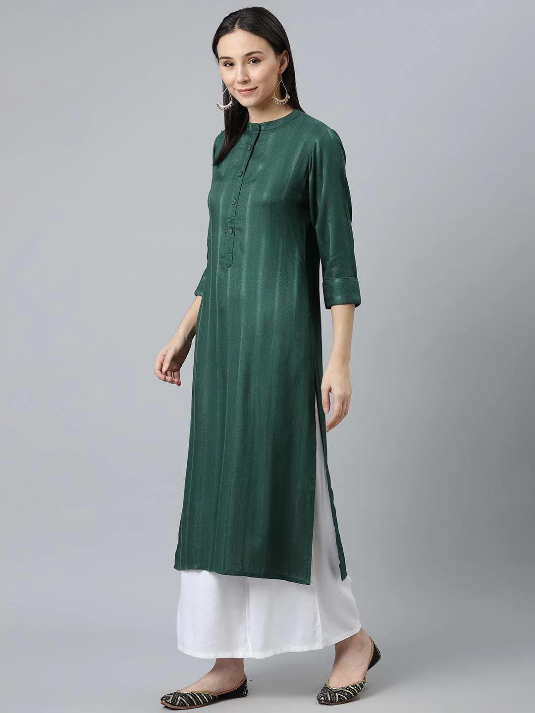 Green Striped Rayon Kurta - ShopLibas