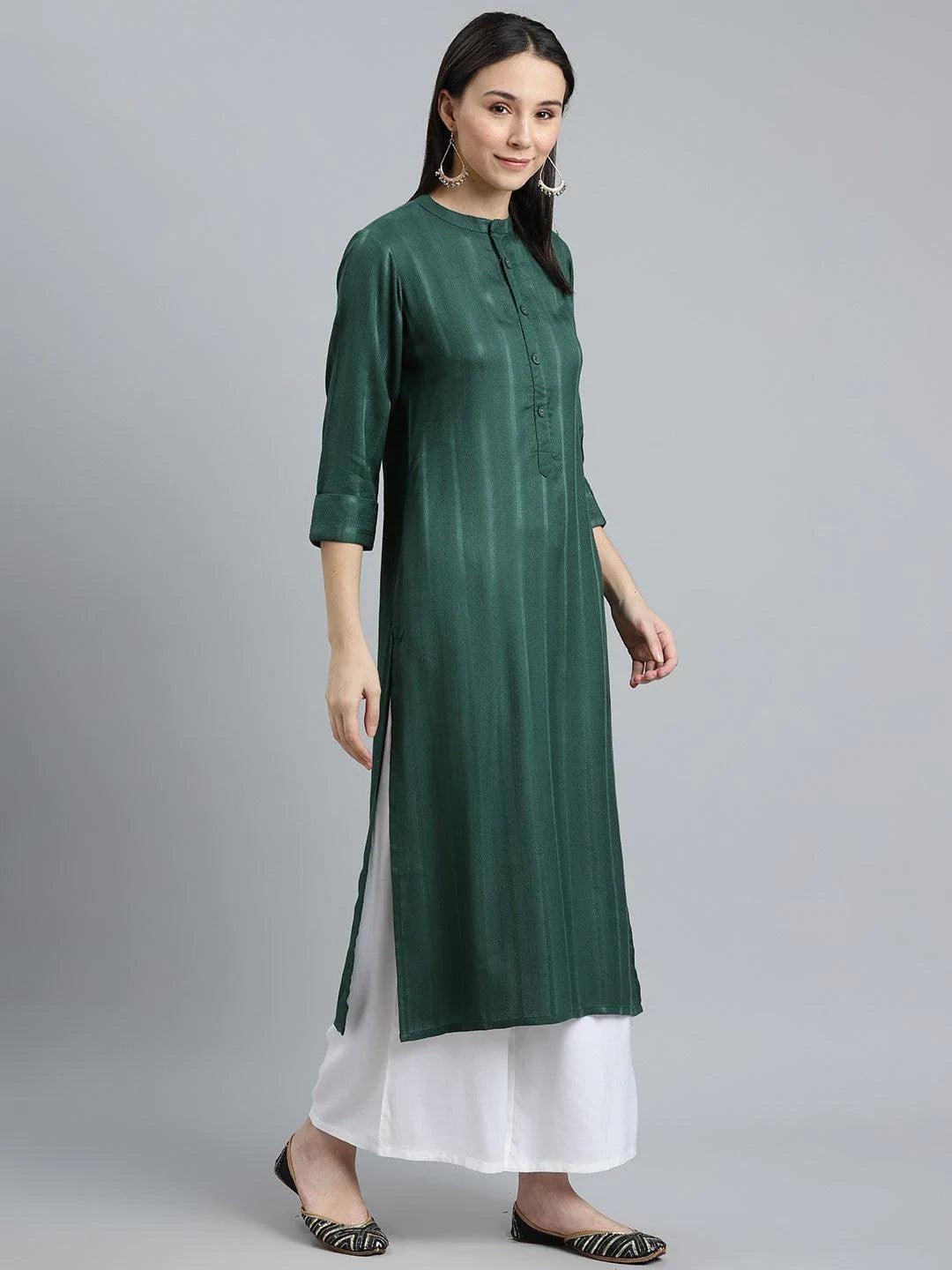 Green Striped Rayon Kurta - ShopLibas